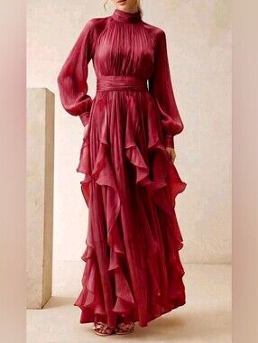 New Luxe Metallic Crinkle Halter Ruffle Maxi Dress Long Sleeve Red